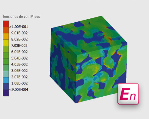 Fig. 2: La tensión de comparación según von Mises permite visualizar las fuerzas que actúan sobre las superficies. La representación codificada cromáticamente a partir del cubo VITA ENAMIC permite apreciar que la cerámica (azul) y el polímero (verde) reaccionan de manera distinta a la carga.