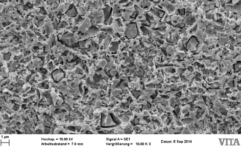 Fig. 1: Fotografia SEM del profilo ritentivo della ceramica ibrida VITA ENAMIC dopo mordenzatura con acido fluoridrico (acido fluoridrico in gel al 5%, 60 secondi), ingrandimento 10.000 x.