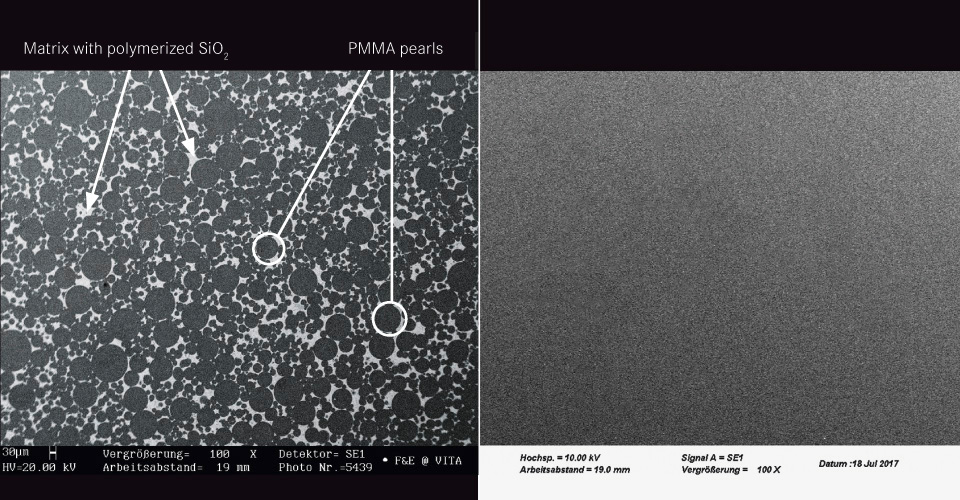 Abb. 3a/b: Gegenüberstellung von MRP-Komposit (links) und PMMA (rechts) mittels  Aufnahmen mit dem Rasterelektronenmikroskop (REM).