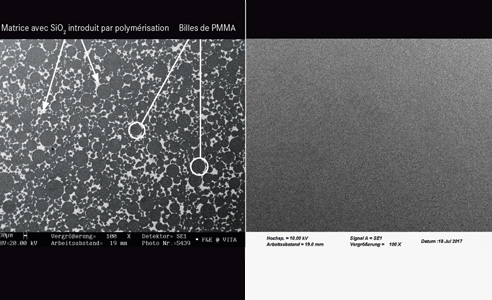 Ill. 3a/b : Comparaison du composite MRP (à gauche) et du PMMA (à droite) par photographies au microscope électronique à balayage (REM).
