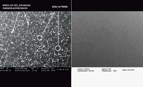 Fig. 3a/b: Comparación entre composite MRP (izquierda) y PMMA (derecha) mediante imágenes obtenidas con microscopio electrónico de barrido (MEB).