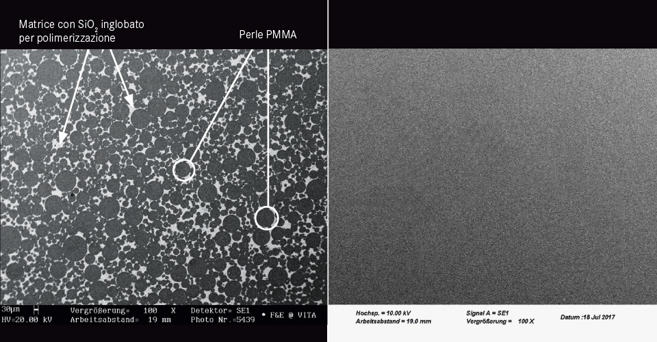 Fig. 3a/b: Raffronto tra composito MRP (sinistra) e PMMA (destra) con fotografie al microscopio elettronico a scansione (SEM).